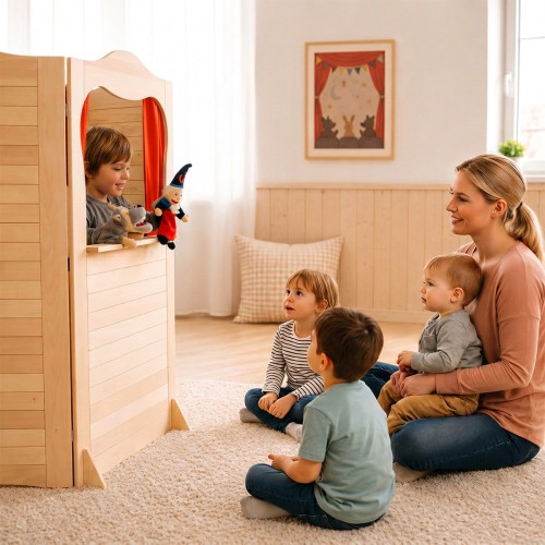Holz Kasperletheater FINN in hellem Kita-Raum – Kind konzentriert beim Puppenspiel, pädagogisch wertvoll